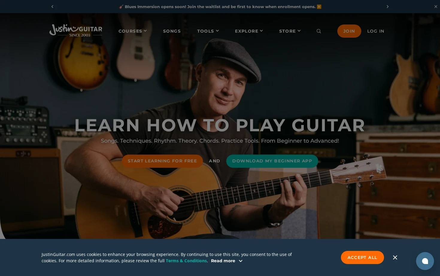 Justinguitar - Free Guitar lessons with Justin Sandercoe 页面快照